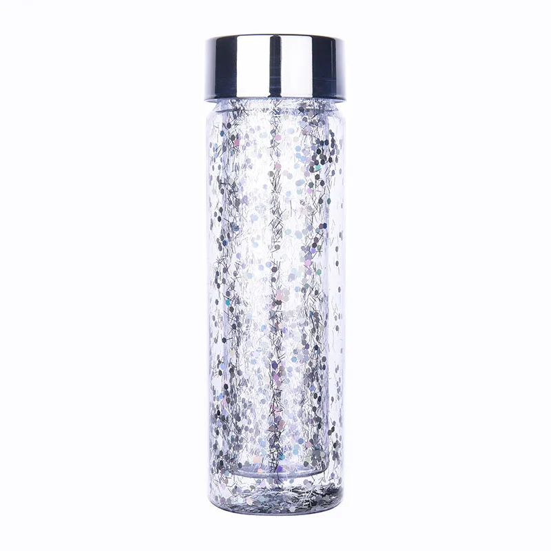 Zogift double wall shiny plastic cup with shiny lid gift cup 600ml rose gold water bottle