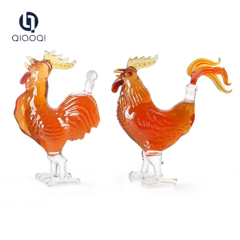 Wholesale rooster cock shape borosilicate glass bottle for wine