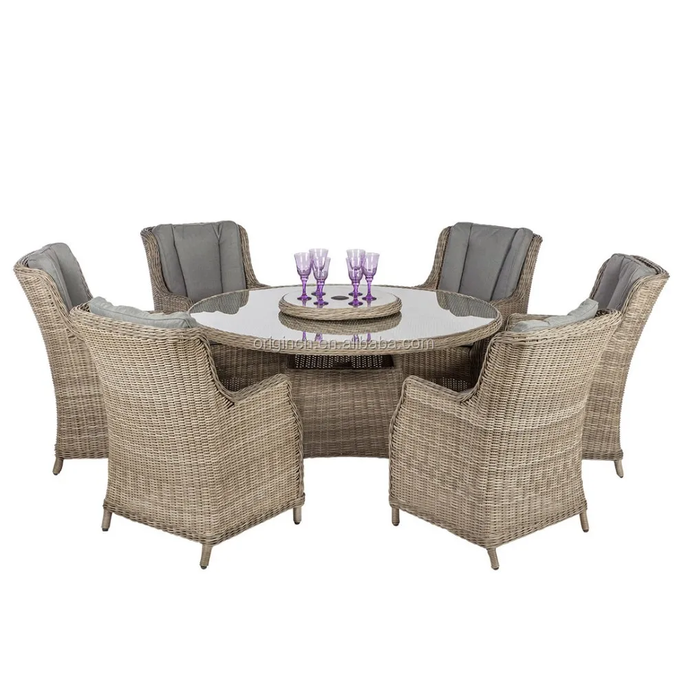 Royal classic style garden dining table and poly rattan chairs wicker restaurant furniture outdoor