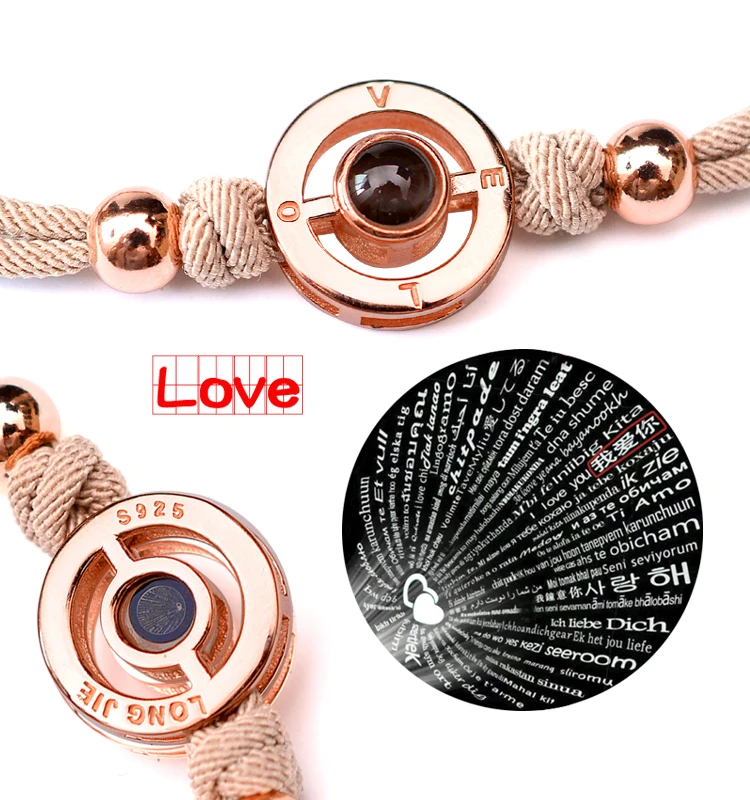 
LONGJIE factory direct wholesale 100 languages of I love you 925 silver bangle rose gold unisex couples handmade rope bracelet 