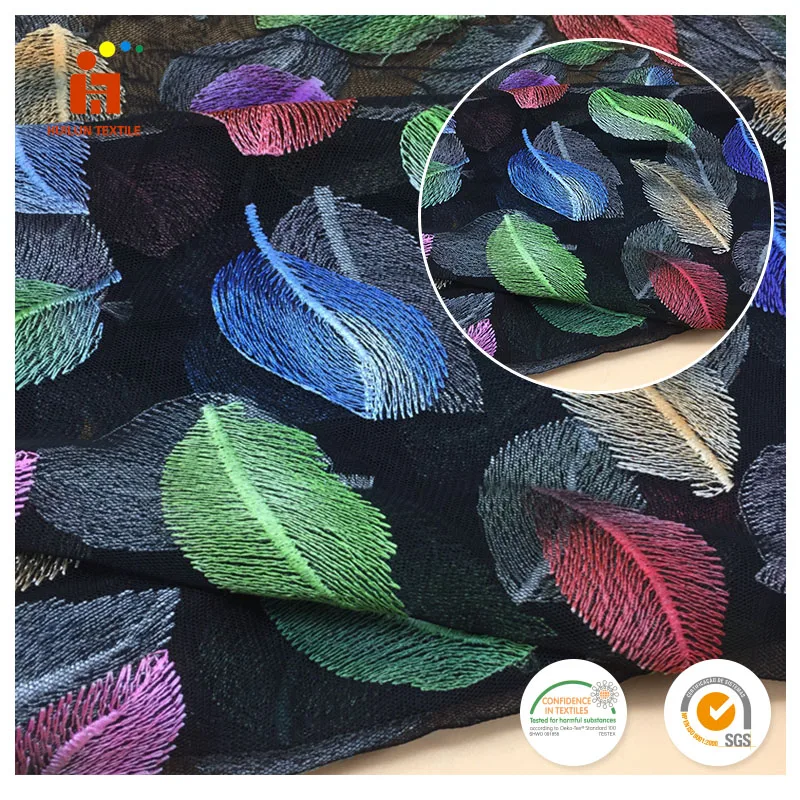 Popular colorful leaves plain embroidery african lace fabric skull for garment