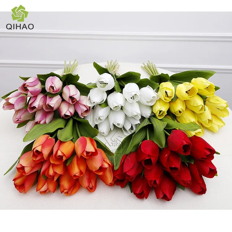 12 Heads Artificial Plastic Tulip Flowers Bulk Silk Flower Artificial White Decorative Mini Tulip for Sale