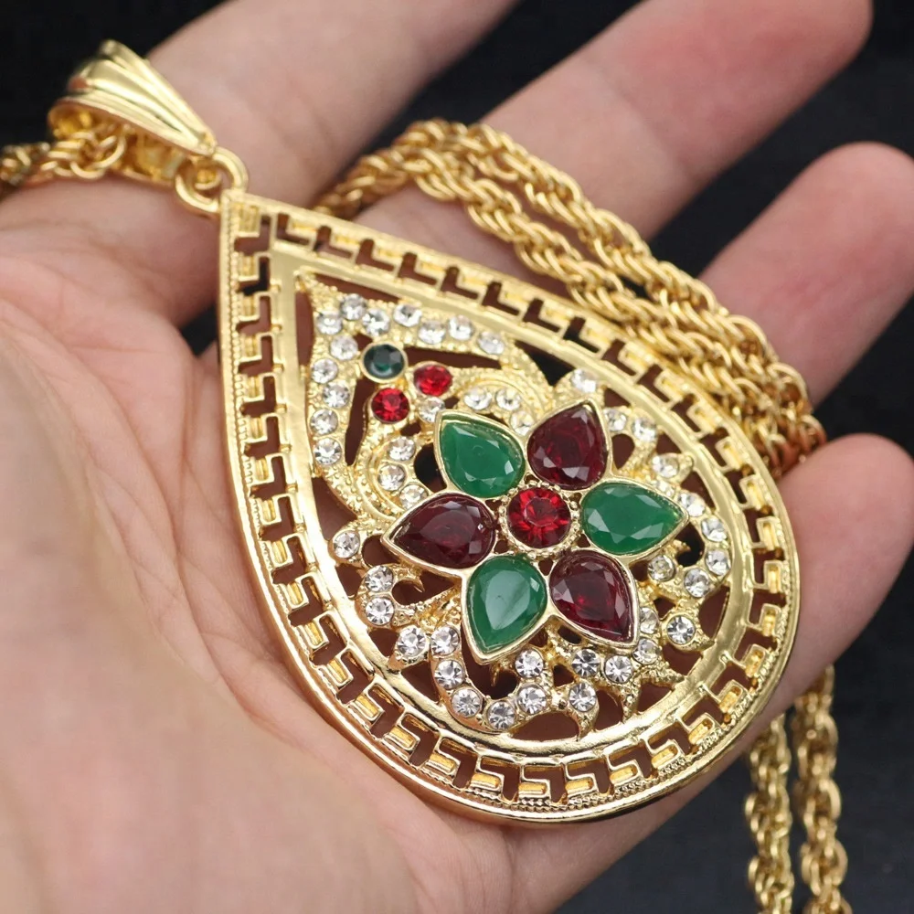 Xus  Middle Eastern Arabian Moroccan Diamond Red Emerald dubai gold chain rosary necklace