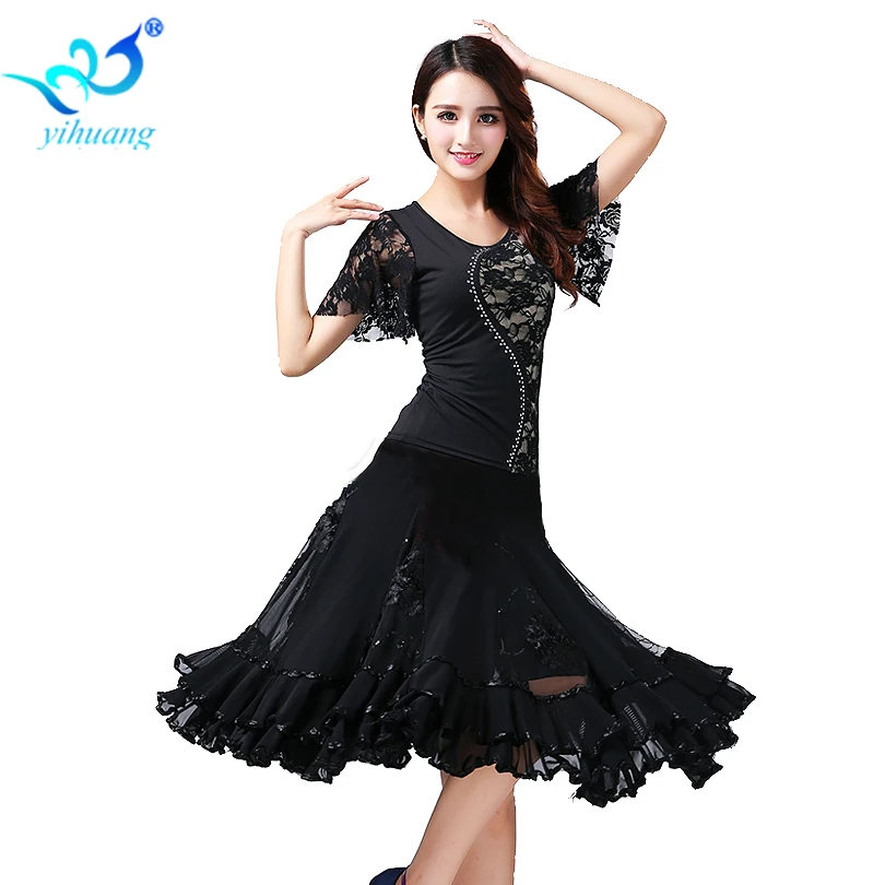Ballroom Dance Costume Set Waltz Rumba Latin Stage Performance Wear Competition Tops& Skirt Flower Patterns Tango Cha Cha