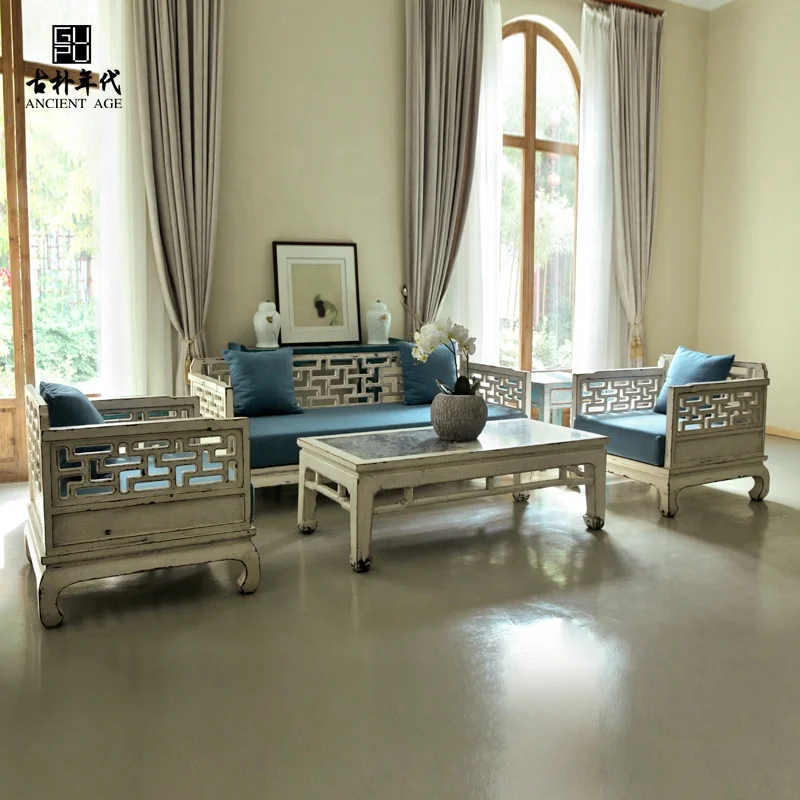 Chinese antique traditional wood sofas Chinese old fashioned distressed paint lounge customized wood furniture