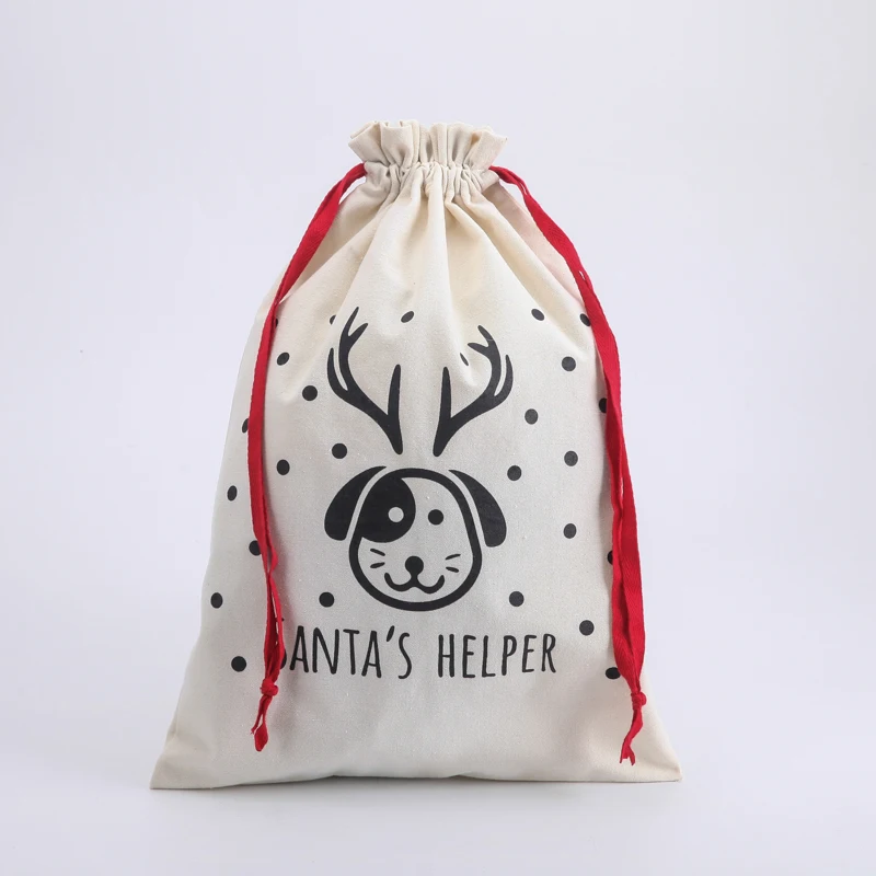 OEM standard customized size christmas cotton canvas drawstring tote santa sack gift bag