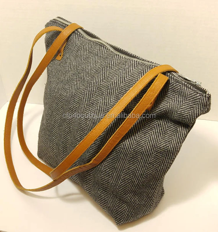 
CFP B623 Wholesale Gray Herringbone Tweed Handbag with Metal Zipper Closure Tweed Herringbone Tote Bag 