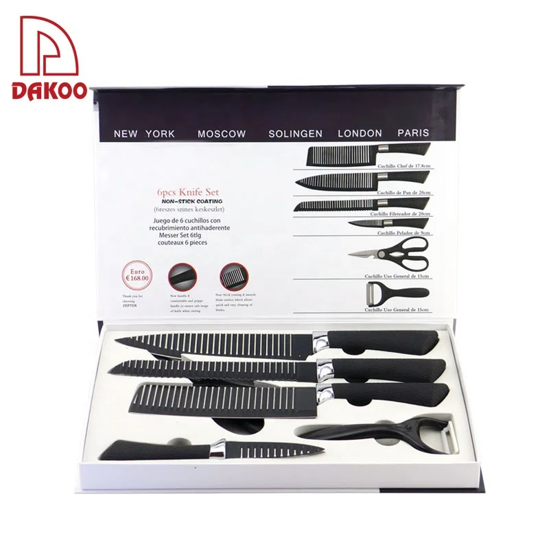 
Hot Selling cuchillos de cocina 6Pcs Kitchen Knives Steel Non Stick Coating Kitchen Knife Set with Gift Box 