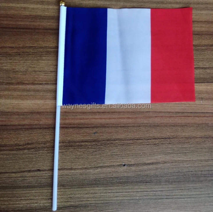 Custom 6 * 9inches France Hand Waving Flag Stock Polyester with Plastic Pole for Cars & Travel Agency Silky Banners