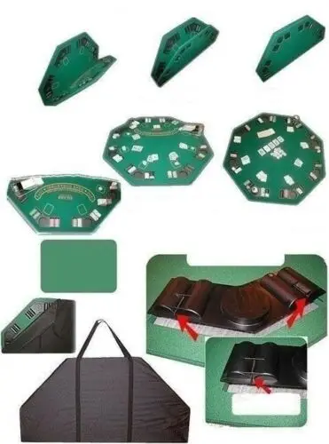 Green Felt Poker Blackjack Table Top Folding Hexagon Drink Holder 8 Player Game