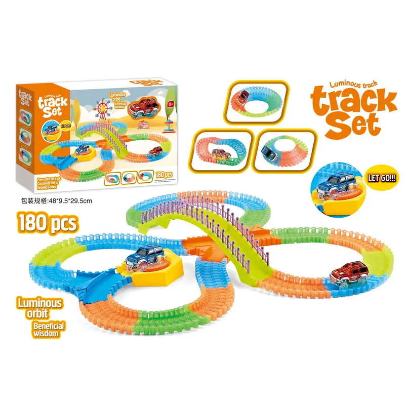 180pcs DIY Flex Glow Toy Car Track Train Track Wood Toy Plastic Race Slot Car 1:32 with 3 Lights