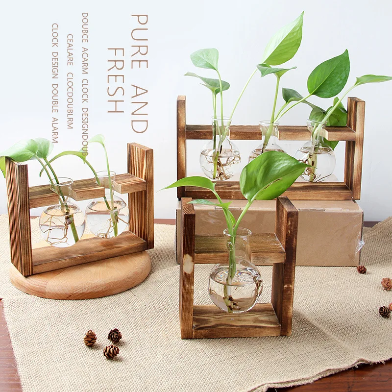 Creative Wooden Hydroponic Container Transparent Glass Vase for Green Plant Desktop Decoration for Home Use on the Floor