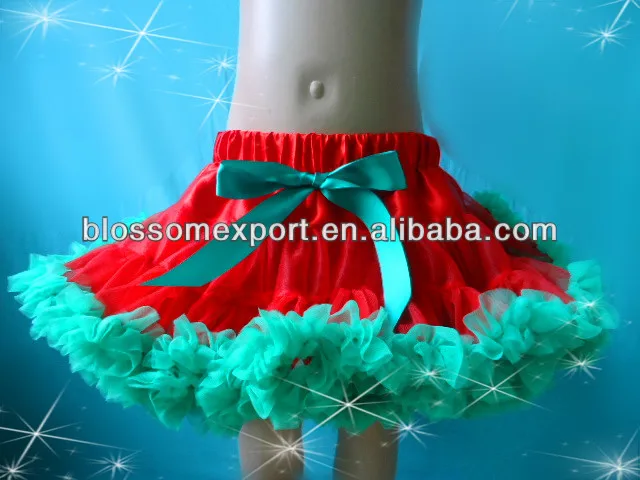 Xmas Kids Chiffon Fluffy Tulle Pettiskirt Red Christmas Baby Girls Tutu Skirt With Green Ribbon Trim