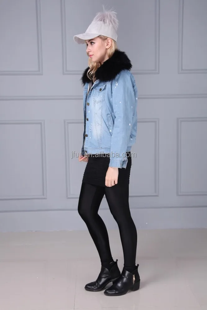 Ladies Fur Lining Jacket for Winter Warm Jeans Parka Coats With Fur Hoods Collars