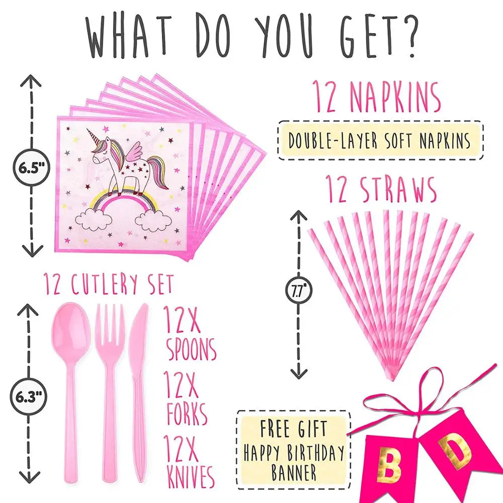  Набор принадлежностей для вечеринки в честь Дня Рождения единорога розовый набор посуды включает одноразовые бумажные тарелки 9 унций чашки соломинки баннеры салфеток
