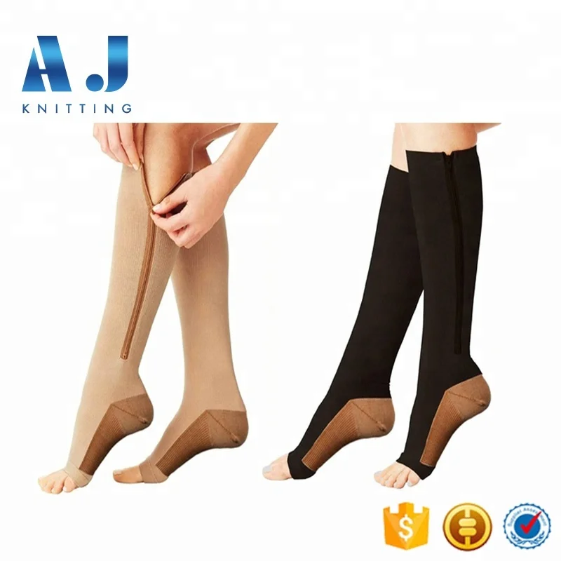 AJ18179 OEM Medical 20-30 mmHg Copper Compression Socks Open Toe Leg Support Stocking Knee High Socks with Zipper