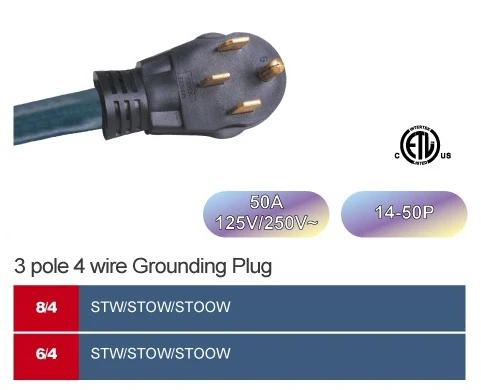 14-50 RV Power Supply Cord 50A 125V/250V 14-50P 3Pole 4wire Grounding plug 6AWG*4C STW/STOW/STOOW