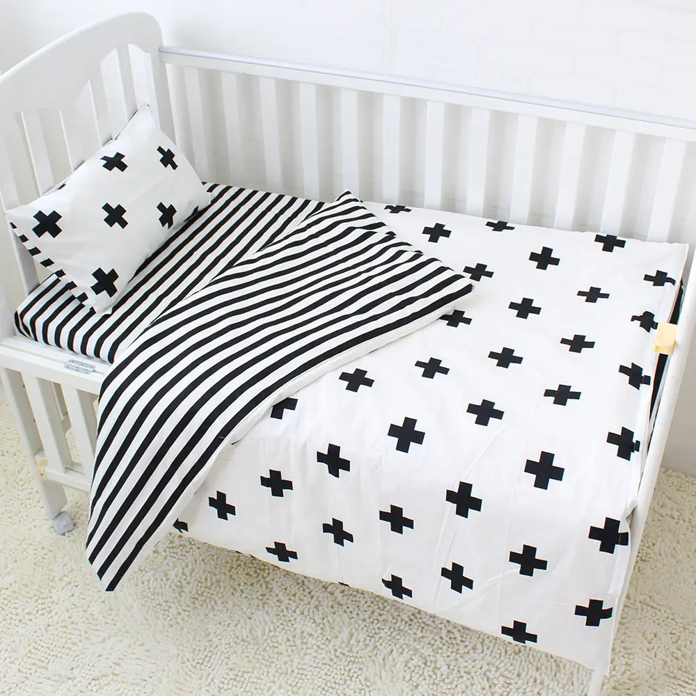Plain color organic 100% cotton soft boy girl crib baby blanket quilt pillow cover 3 piece cot bedding set