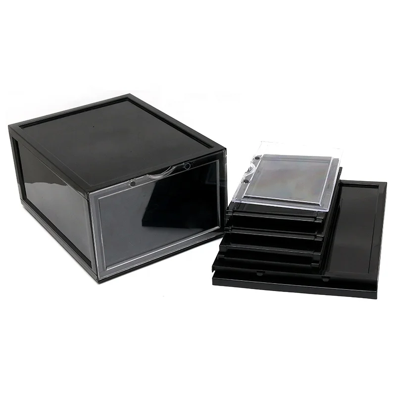 
Custom durable stackable removable black AJ injection plastic shoe Sneakers Storage box with clear front drop door 