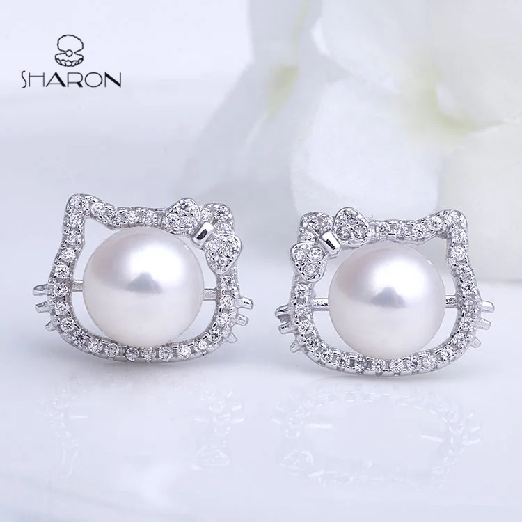 2020 Wholesale Latest Design Girl Jewelry Hello Kitty 925 Sterling Silver Cute Cat Pearl Stud Earrings