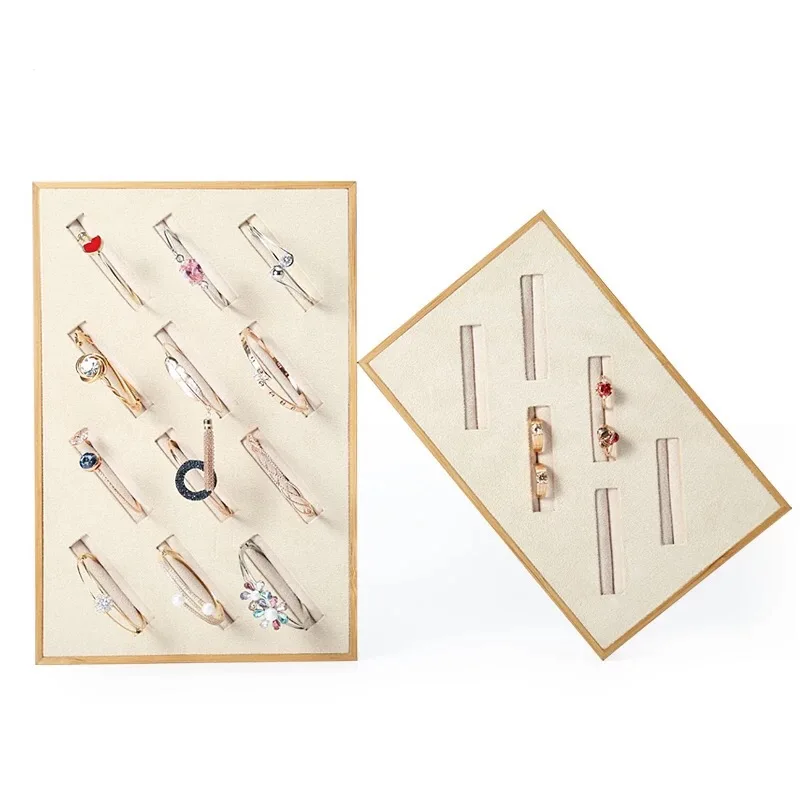 Простой бежевый цвет ювелирные изделия стеллаж для кольца серьги браслет держатель логотип древесины кольцо дисплей