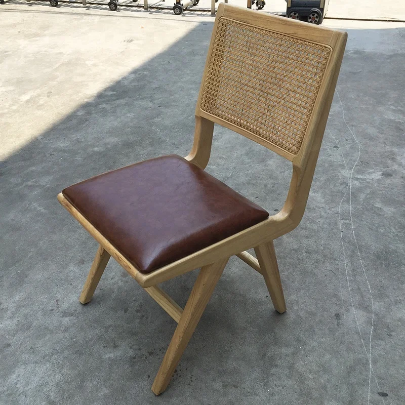 Nordic Coffee Shop French Rattan Cane Leather Wooden Dining Chair on Sale