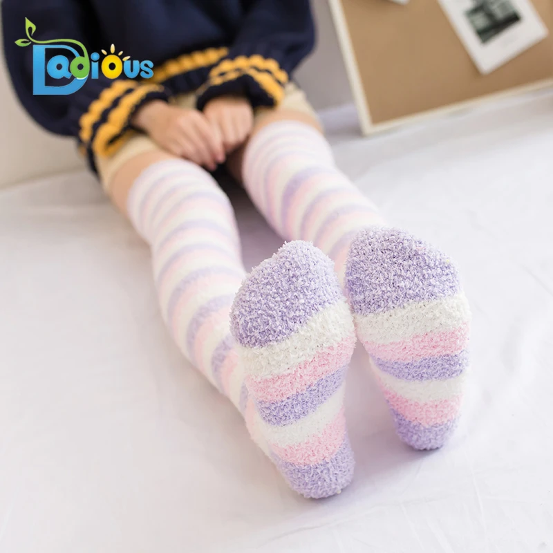 Original Cute Women Adult Stockings Hot Teen Girls Fuzzy Socks Knee socks Stripe Knee High Sock