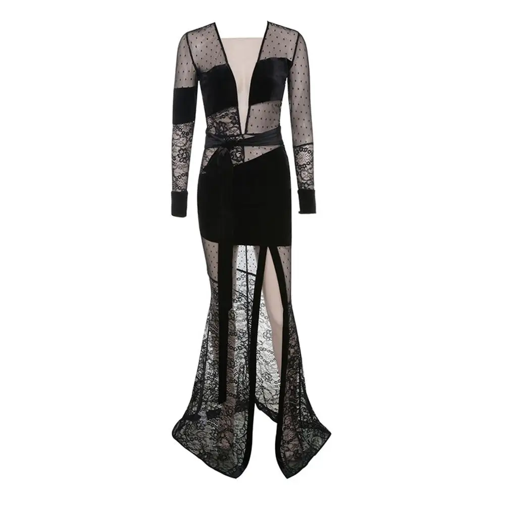 Mermaid dress velvet embroidery floor long sleeve formal backless Sexy Party Transparent Dress Women Luxury Dress