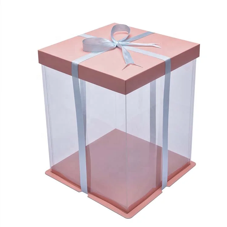 
Food Grade Custom Transparent PET Plastic Clear Decorative Wedding Square Cake Box with logo 