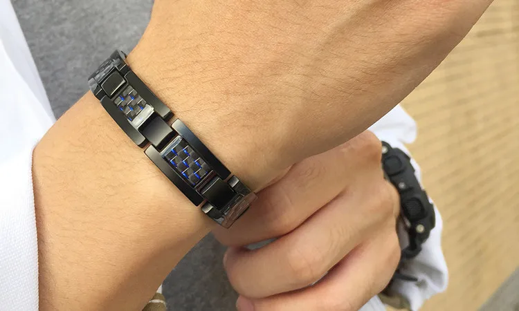 Mens Titanium Stainless steel Magnetic Therapy Black Carbon Fiber Pain Relief Bracelet For Arthritis Wristband
