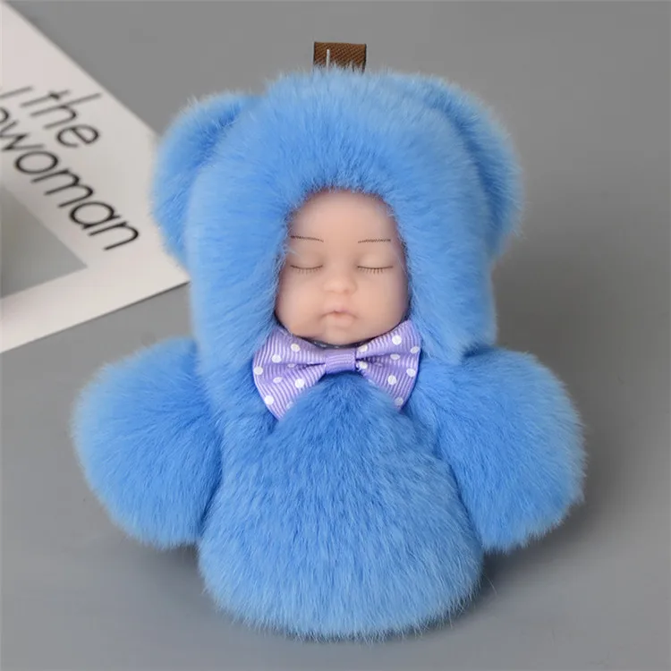 Factory wholesale lovely sleeping baby shape rex rabbit fur key chain plush doll keychain