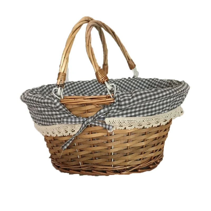 Wicker Storage Basket With Lining Fold Handle Gift Baskets For Bread Picnic Camping