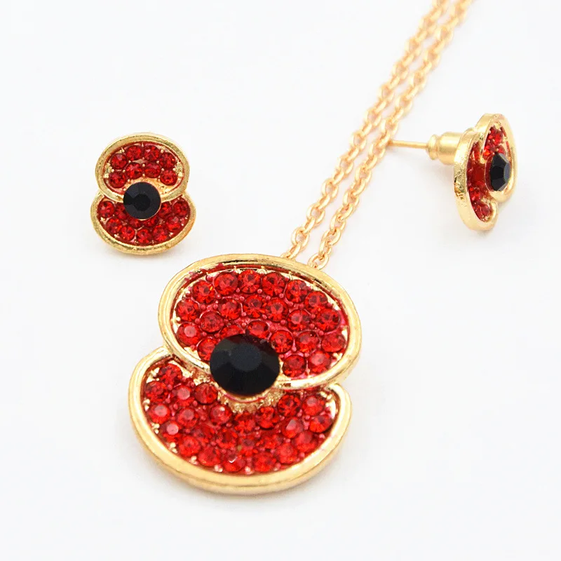 2018 Fashion Jewellery Rhinestone Poppy Earring Necklace Jewelry Set Women Studded Flower Stud And Necklace Jewellery