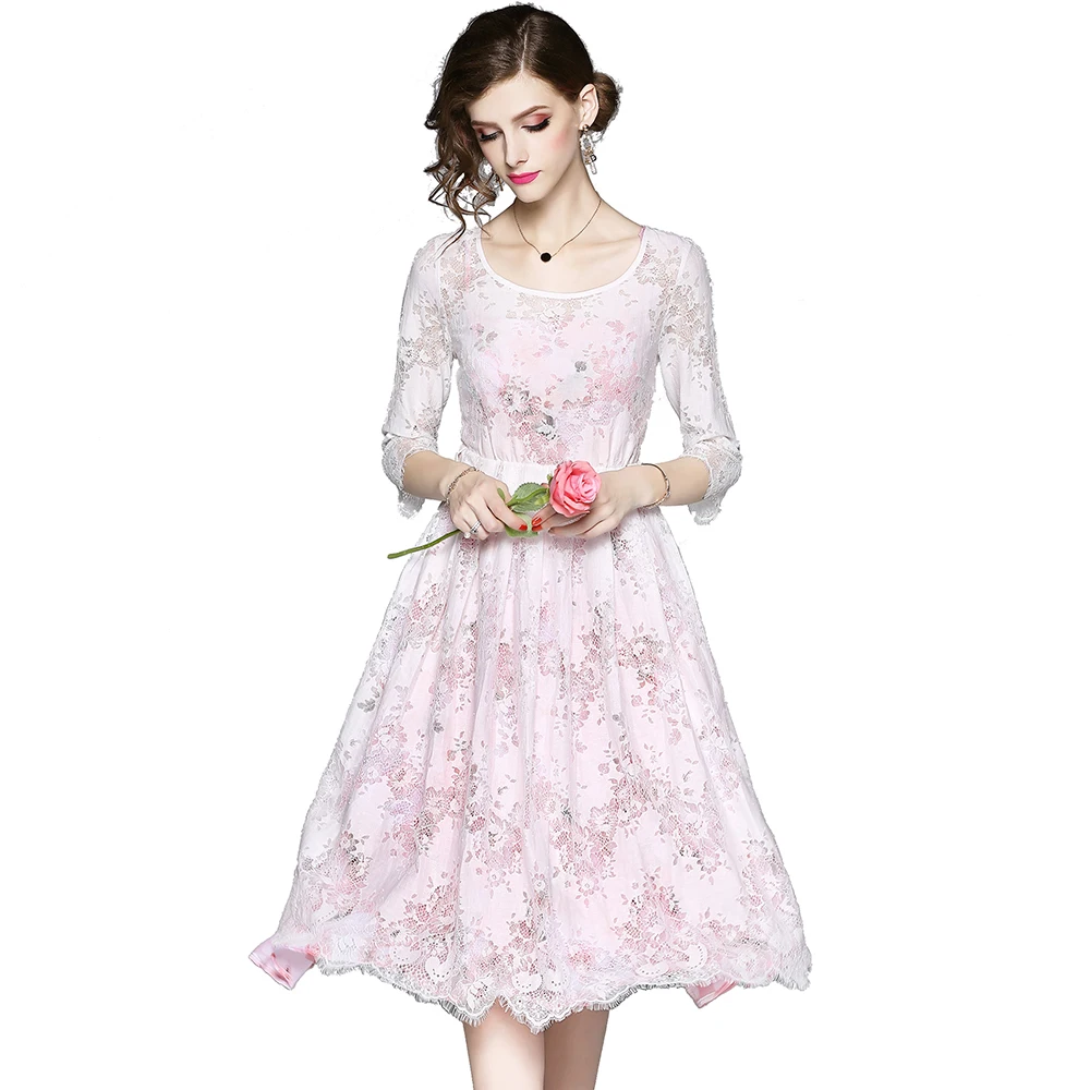 
Wholesale M to XXL Women Fashion Three Quarter Sleeve Print Chiffon Tank Dress with Elegant A Line Lace Dress Twinset 