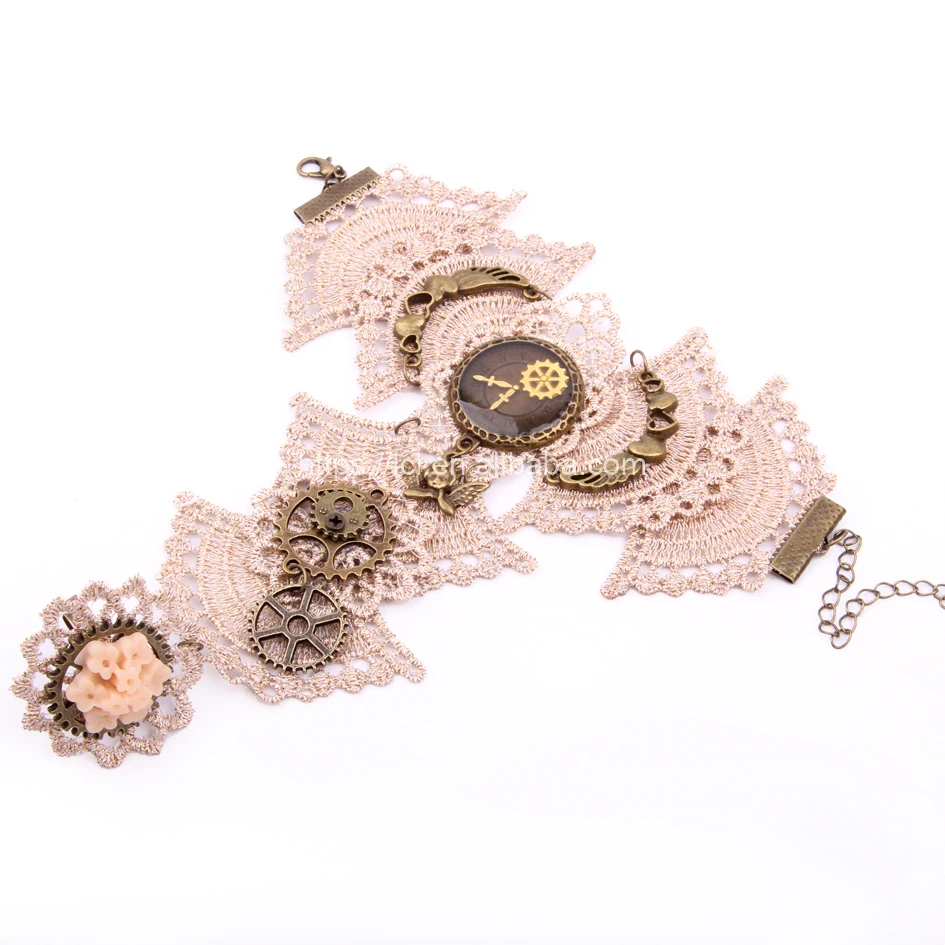 
Wholesale steampunk gears beige white lace ring bracelet with clock Italy retro heart angel wing bracelet with ring attached 