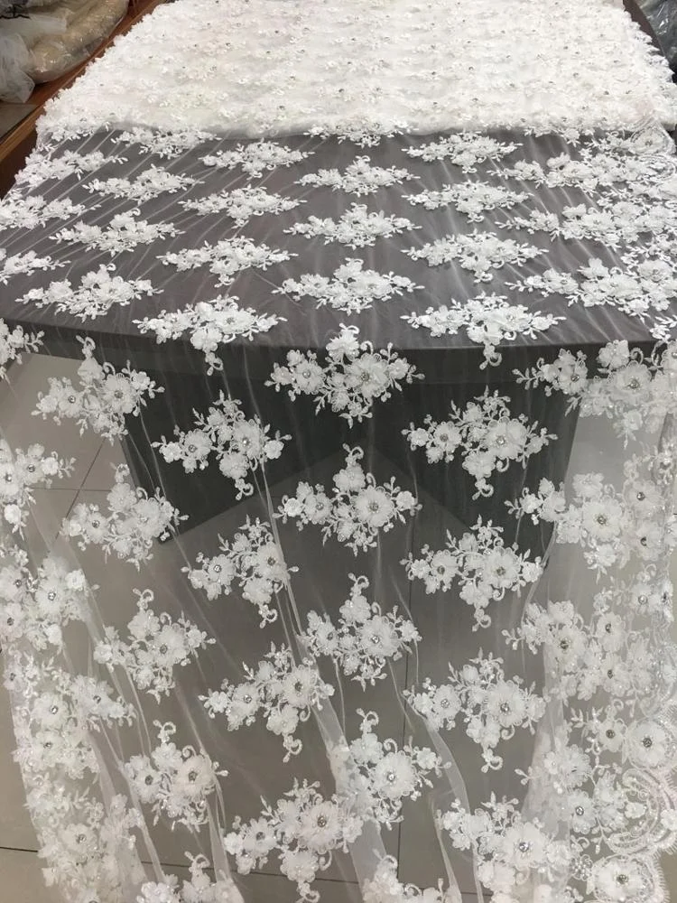 best selling bridal 3d lace flower applique sequin embroidery cord lace fabric with pearls stones for wedding dress