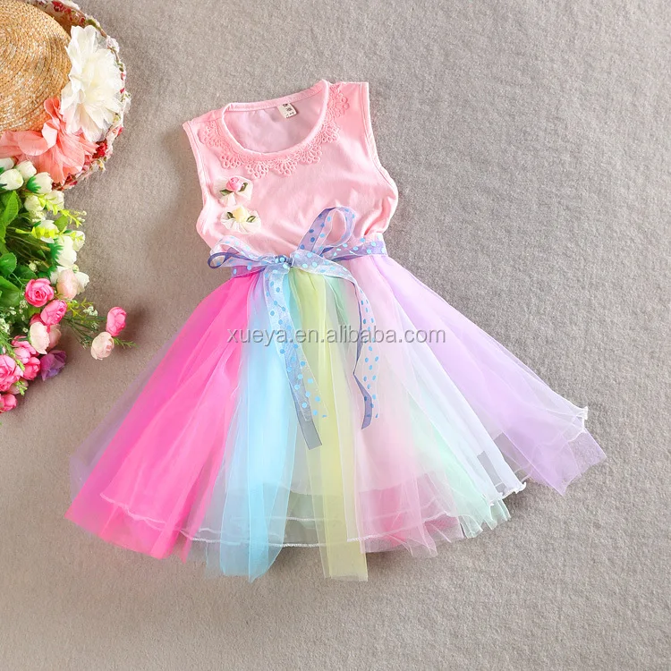
Rainbow colorful long dress baby teen girl dress 