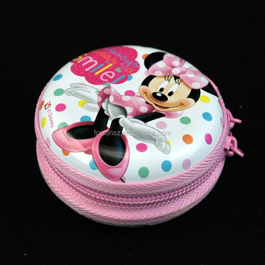 Lovely round zipper metal coin purse round zipper tin box