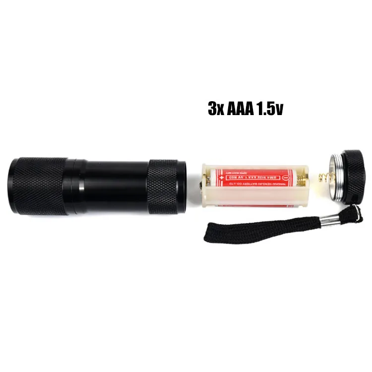 
Jialitte F126 OEM 3W Aluminum Alloy UV Torch 9 LED 3XAAA 365nm Black Light Flashlight 