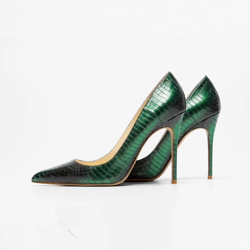 European shoes green snakes leather women dress thin high heel shoes