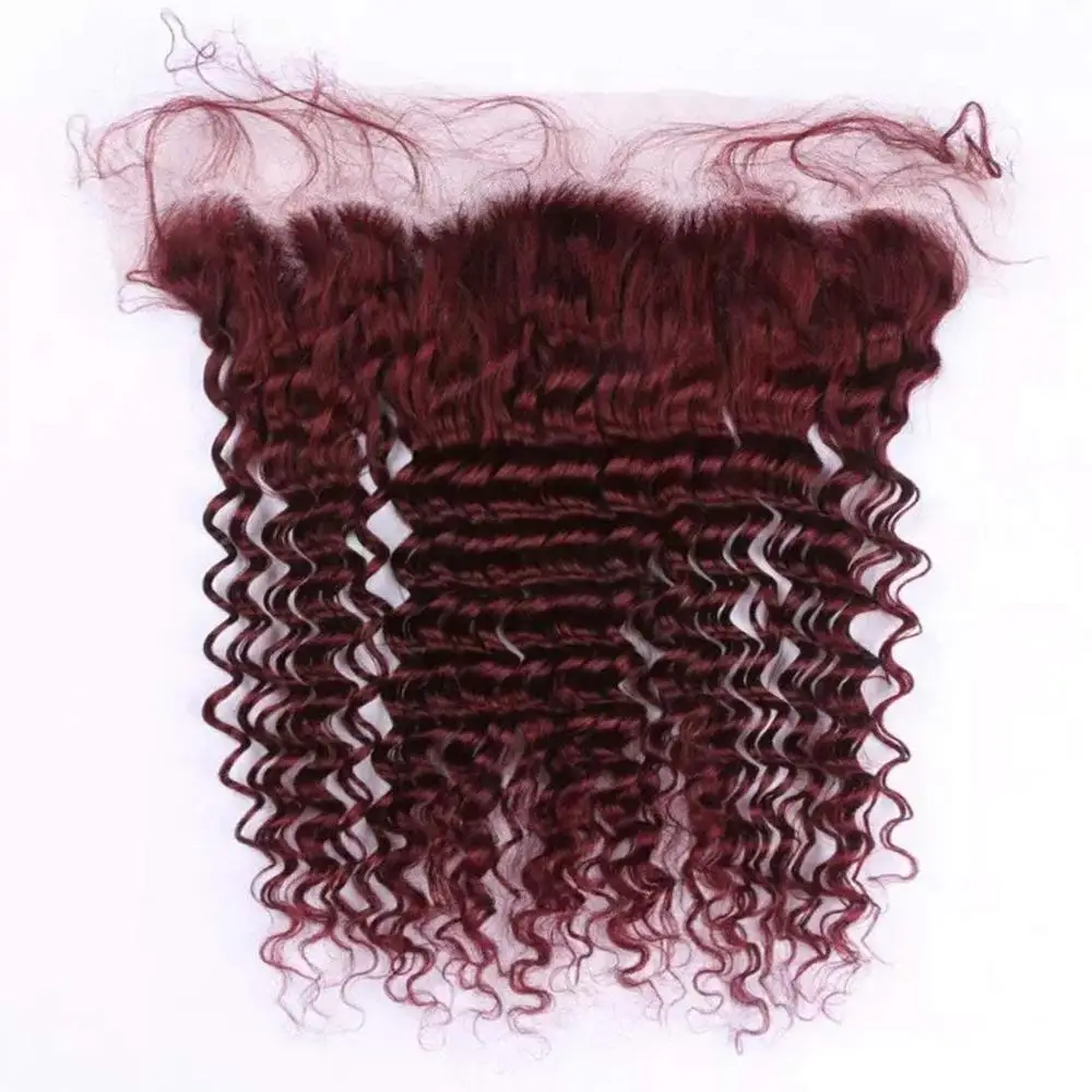 Burgundy Deep Wave Brazilian Virgin Hair Weave With 13*4 Lace Frontal Closure #99J Wine Red Deep Curly