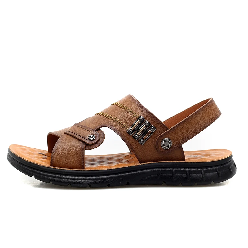 Мужские модные пляжные шлепанцы, сандалии с плоской подошвой, дышащие мужские кожаные шлепанцы, новинка 2019