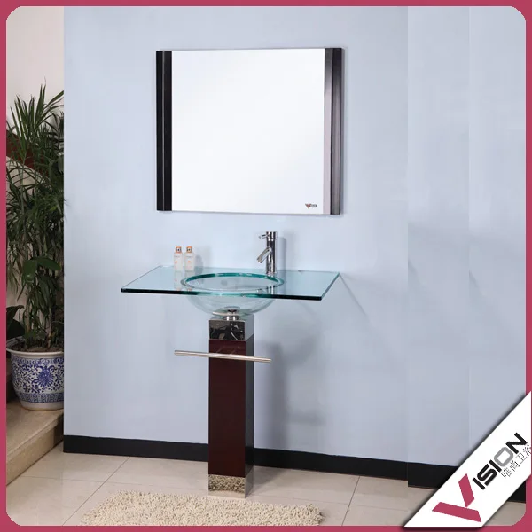 Стеклянная раковина для ванной комнаты с деревянным кронштейном