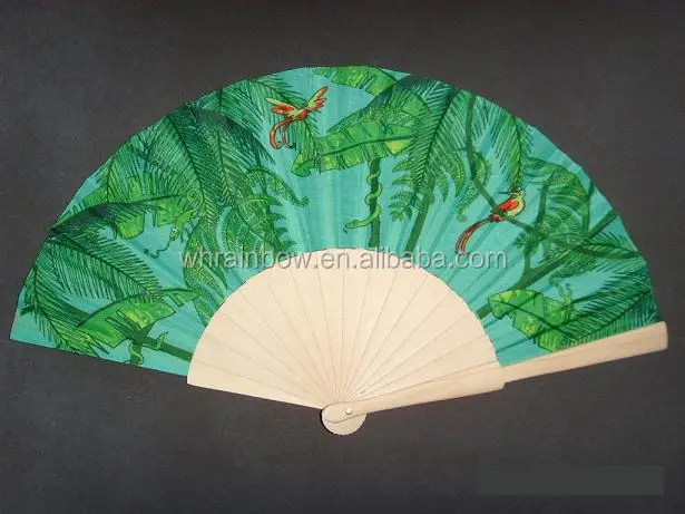 23cm natural wood handle folding fan with full printing fabric