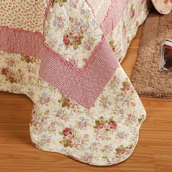 Full/Queen 3 Pcs Pink Country Floral Patchwork 100% Cotton Quilt Set Bedspread