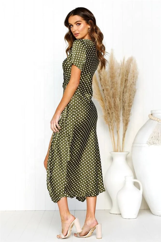 2019 Summer Women Long High Split Navy Blue Polka Dot Print Maxi Dress