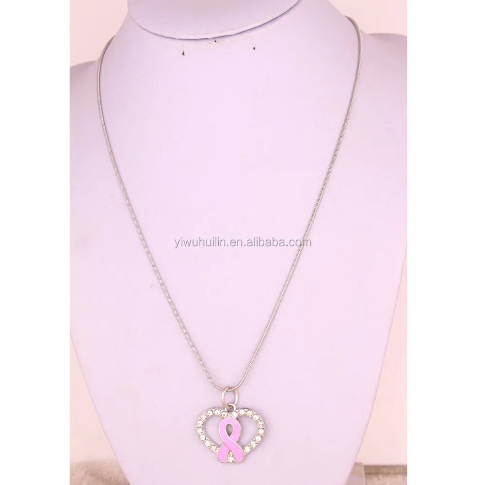 Breast Cancer Awareness Jewelry Pink Ribbon Cancer Heart Pave Crystal With Snake Chain Necklace for gift