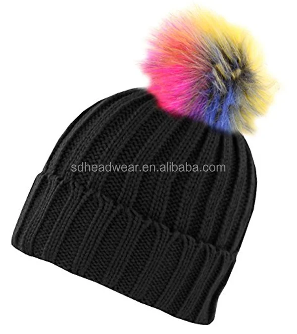 Womens chunky White Multi Cable Knit Beanie Hat with Brown Faux Fur Pompom