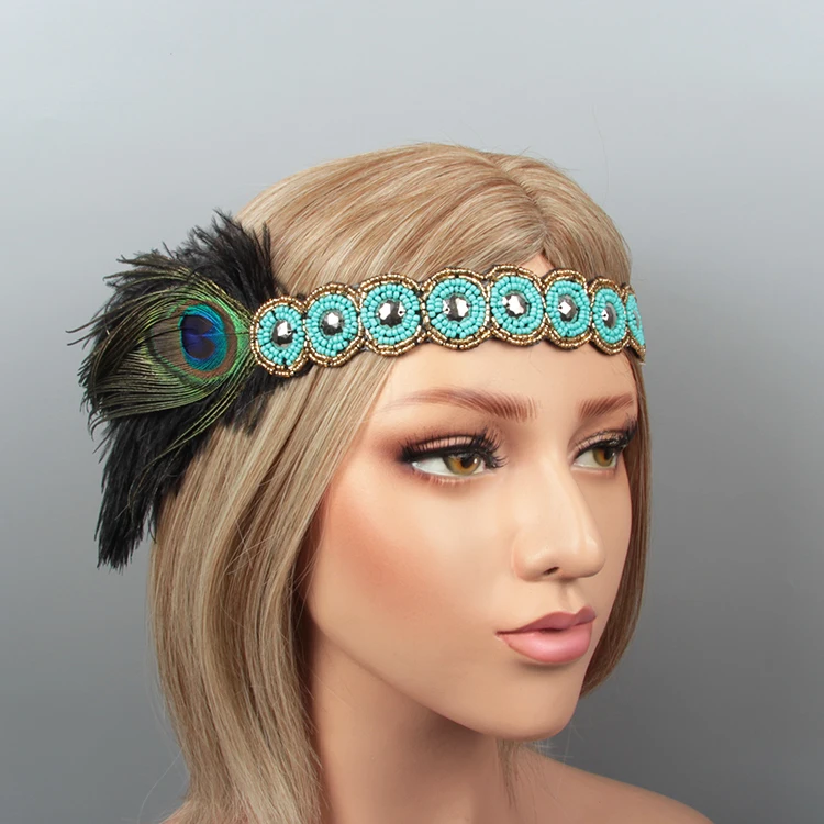 New design style bridal crystal beaded flapper 1920s great gatsby feather carnival headdress