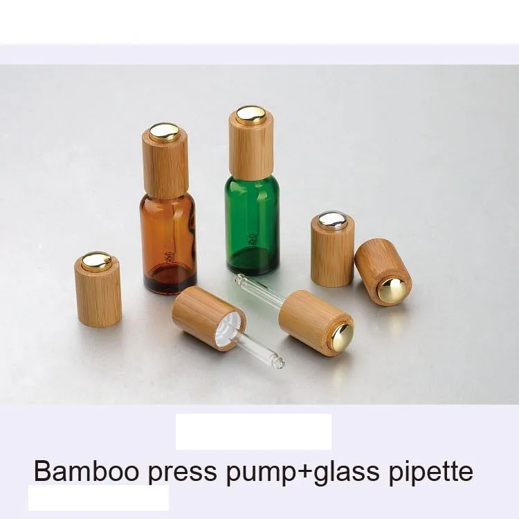 5ml 10ml 15ml 20ml 30ml 50ml 100ml essential oil transparent green amber Glass Bottle with bamboo press pump dropper pipette cap